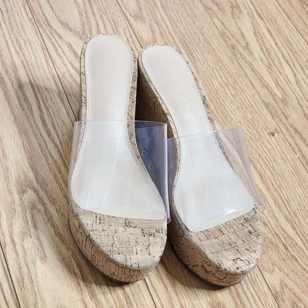 Copper Key Seaside Women's Clear Vinyl Platform Cork Wedge Sandals Size 10